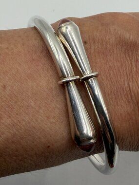 Sleek Taxco Sterling Silver Hinged Bracelet Pink Stones T4-38 21g